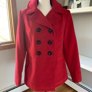 Red pea coat with hood